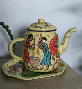 Collectable Yellow Multicoloured Hand Painted Enamel Teapot & Saucer Dish - Picture 1 of 11