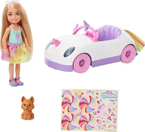 Barbie Club Chelsea 6" Blonde Doll, White Rainbow Unicorn Car & Pet Puppy Dog - Picture 1 of 6