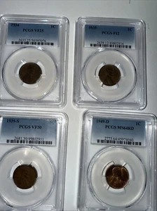 Lincoln Wheat Cents PCGS 1934 VF25, 1935 F12, 1939-S VF30, PLUS 1949-D MS64RD - Picture 1 of 2