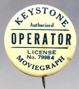 1930's KEYSTONE MOVIEGRAPH OPERATOR 1.25" celluloid pinback button w/ backpaper - Picture 1 of 3