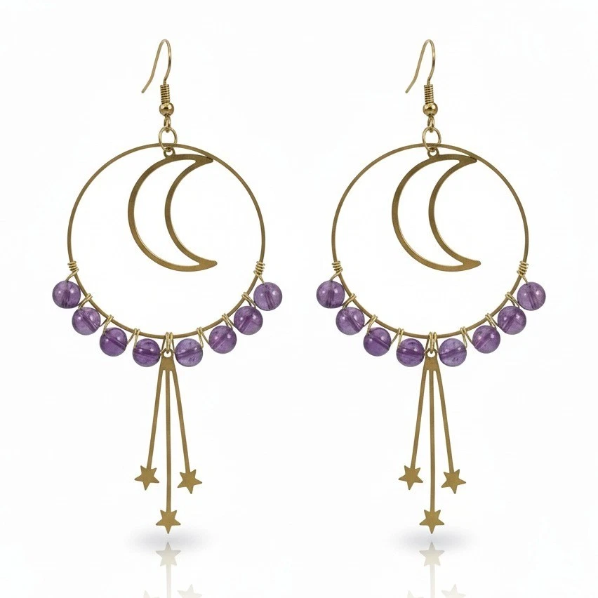 Pendientes Colgantes Estrella Luna Celestial Amatista Cuentas Tono Dorado Aro Foto 1 de 1