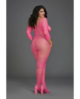 REJILLA MANGA LARGA ENTREPIERNA ABIERTA BODYSTOCKING NEÓN ROSA REINA Foto 1 de 2