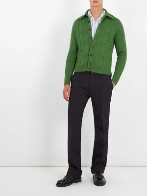Prada Point-collar Ribbed-knit Green Wool Cardigan - Image 1 of 4