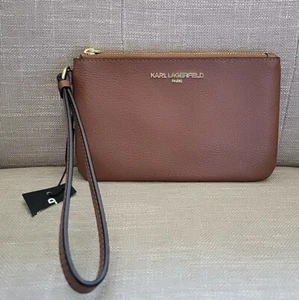 Karl Lagerfeld Small Brown Pebbled Faux Leather Wristlet Gold Tone Logo NWT (01) - Picture 1 of 11