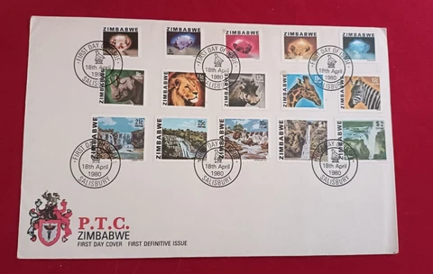 1980 Zimbabwe P.T.C. First Definitive Issue 15 Stamps First Day Cover Salisbury Cover