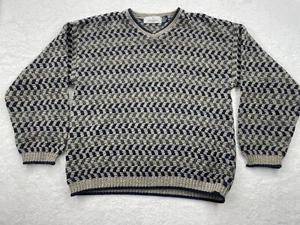 Vintage Bill Blass V Neck Sweater Mens Medium Blue and Tan Chunky 90s - Picture 1 of 13
