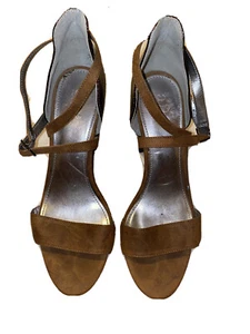 PRE-OWNED ANA Size 8.5M Camel/Burgundy Gold Strap Chunky High Heel Sandal Shoes - Picture 1 of 7