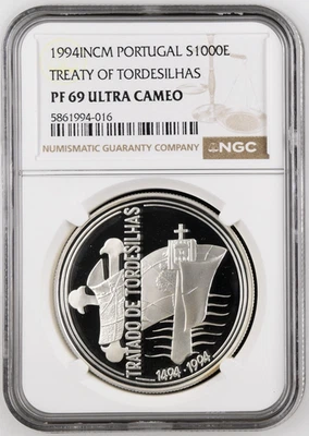 1994-INCM Portugal S$1000 Escudos Silver TREATY OF TORDESILHAS NGC PF 69 UC - Image 1 of 4