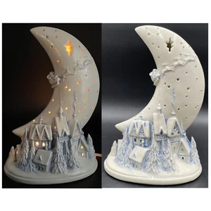 VTG Ceramic Moon Lamp Light Christmas Village Tree Star Santa Sleigh Holiday - Picture 1 of 16