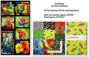 Rainforest Parrot Bird Fabric Cotton Benartex 10 Fat Quarters PLUS Panel Set - Picture 1 of 3
