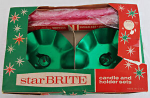 Vintage Star Brite green metal candle holders in original box with candles 1960s