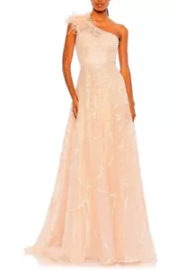 Mac Duggal Peach Embroidered Beaded One-Shoulder Feather A-Line Gown 16 $798 - Picture 1 of 4