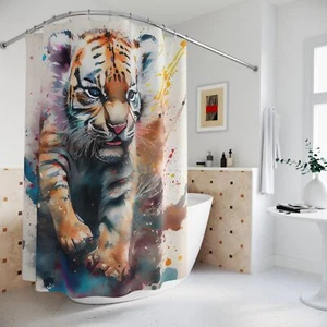 Vibrant Tiger Shower Curtain, Colorful Wildlife Decor, Bathroom Art, Animal - Picture 1 of 6