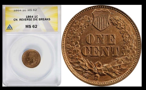 1864 1C  ANACS MS62-RARE OBV DIE BREAKS INDIAN HEAD SMALL CENT Cover