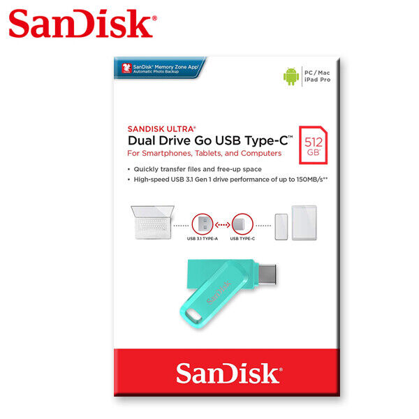 SanDisk Ultra 512GB Dual Drive Go USB OTG On-The-Go Type-C USB 3.1 Tiffany Green