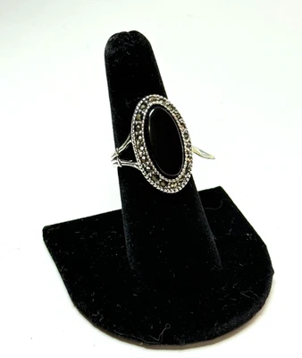 Подлинный оникс и марказит овальный коктейльное кольцо 18K HGE серебристого тона размер 7 новый США - Изображение 1 из 4