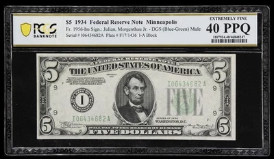 1934 $5 Dollar Mule Federal Reserve Minneapolis PCGS 40 PPQ Fr.1956Im I06434682A - Image 1 of 2