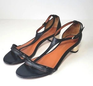 Rebecca Mincoff schwarze Damen-Sandalen aus Leder mit Riemen und niedrigem goldenem Absatz Größe 7 - Bild 1 von 13