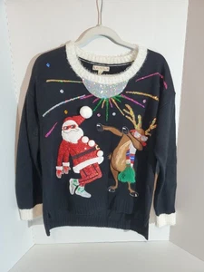 Ugly Christmas Sweater Disco Ball Dancing  Santa and Jiving Rudolph Womens L - Picture 1 of 15