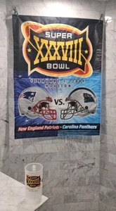 SUPER BOWL XXXVIII 38 2004 PATRIOTS VS PANTHERS BANNER FLAG LARGE W/ MUG - Picture 1 of 24