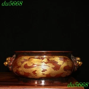 12"pure bronze Purple copper Gilt dragon loong beast head Incense burner Censer - Picture 1 of 9