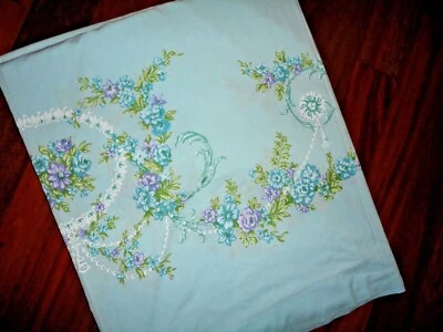 VINTAGE STEVENS TASTEMAKER ELEGANTE BLUE PURPLE FLORAL FULL FLAT SHEET 78X102 - Image 1 of 4