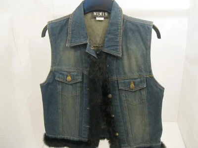 Mixit Size S Denim Vest with Rabbit Fur Trim Blue Medium Wash - Image 1 of 4