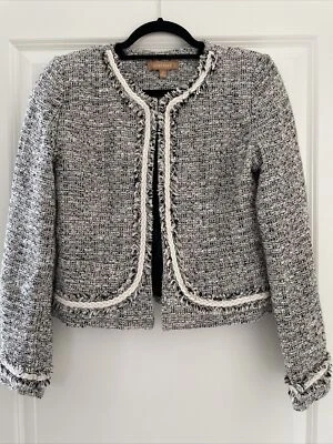 Blusa/jaqueta Ellen Tracy tamanho 4 preto/branco com franja bric-brac, mistura de algodão - Imagem 1 de 4