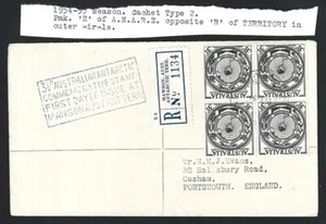 Australia 1954 3 1/2d block on Mawson, Australian Antarctic registered FDC to UK - Picture 1 of 2