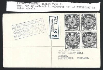 Australia 1954 3 1/2d block on Mawson, Australian Antarctic registered FDC to UK - Image 1 of 2