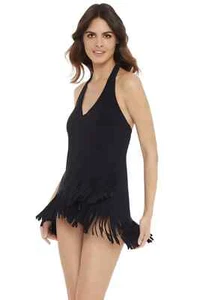 Magicsuit by Miraclesuit Black Tina Fringe One Piece Swim Dress Swimsuit 14 NWT - Picture 1 of 6