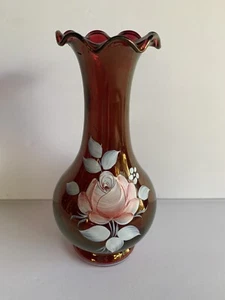 Vase- Beautiful hand painted Westmoreland Ruby Red vase Signed - Picture 1 of 12