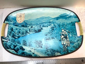 Scotland souvenir serving tray 1970s Blue Loch Mountains, Coat Of Arms, Bagpiper - Picture 1 of 10