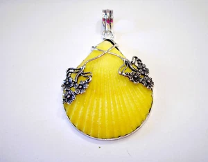 AB Einzigartiger gelbe Muschel .925 Silber Platte Floral Overlay Anhänger 2,5" - Bild 1 von 4