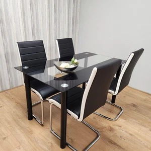 Dining Table and 4 Chairs Black Clear Glass 4 Leather Black White Chairs - Picture 1 of 12