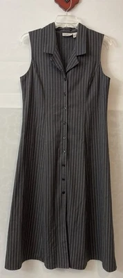 Vintage Worthington Womens Size 14 Gray Striped Long Button-Up Vneck Dress A6569 - Image 1 of 4