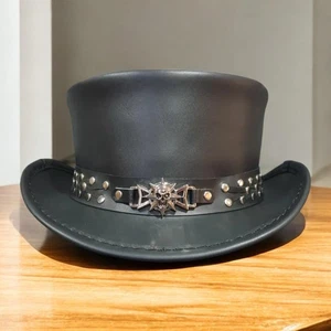 Handmade Black Leather Top Hat, Gothic Steampunk Style, Skull Concho, Hat - Picture 1 of 5