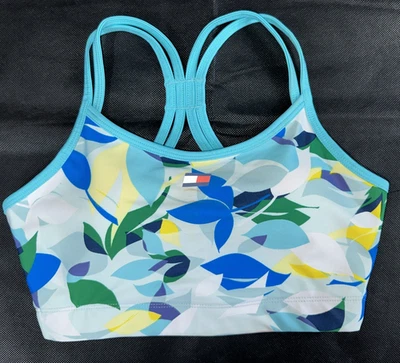 Tommy Hilfiger 女式 4 路弹力运动文胸上衣花卉印花蓝色海码 XS — 第 1/4 张图片