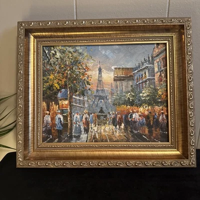 "Pintura al óleo impresionista escena de París marco dorado ornamentado por R. Young 11"" por 13""" Foto 1 de 4