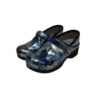 Dansko XP Blue Silver Paisley Patent Occupational Clogs Size 37 US 7.5 - Image 1 of 4