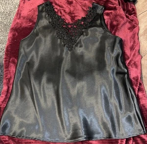 Vintage Satin Camisole Cami Plus Size M/L Lace Appliqué M/L Wide Straps Black - Picture 1 of 6