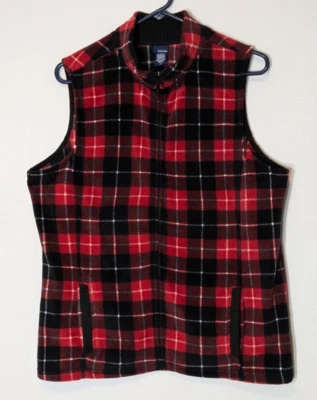 BASIC EDITIONS Red Plaid Fleece Full Zipper Collared Vest; Size L - Image 1 of 4
