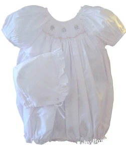 NWT Petit Ami White Smocked 2pc Bubble Romper Newborn Bonnet Baby Girls Bonnet - Picture 1 of 3