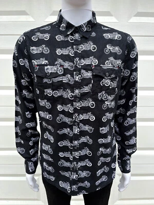 Free Planet Black White Motorcycle Print Button Up Shirt M Biker Metal Punk Goth - Image 1 of 4
