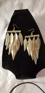 Earrings Leafs Hanging Gold Chandelier Feather - Picture 1 of 5