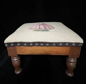 Vintage Wood Foot Stool Rest Needlepoint Top Victorian Lady Crinoline Girl Small - Picture 1 of 22