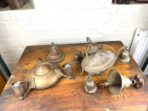 2 Antique Hanging Pan Light Fixtures for Restoration or Parts, Brass Cover