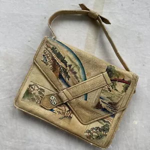 Bolso de mano vintage de los años 30 de cuero color crema paisaje asiático figurativo cartera - Imagen 1 de 21