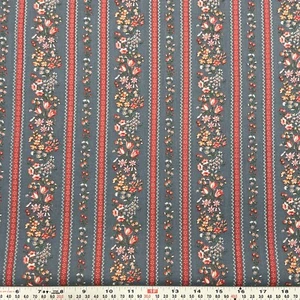Vintage Cranston Striped Florals Blue Cotton Fabric by the HALF YARD 18" x 44" - Picture 1 of 2