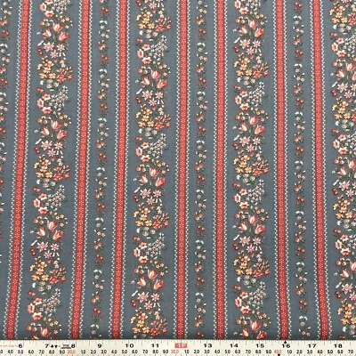 Vintage Cranston Striped Florals Blue Cotton Fabric by the HALF YARD 18" x 44" - Image 1 of 2